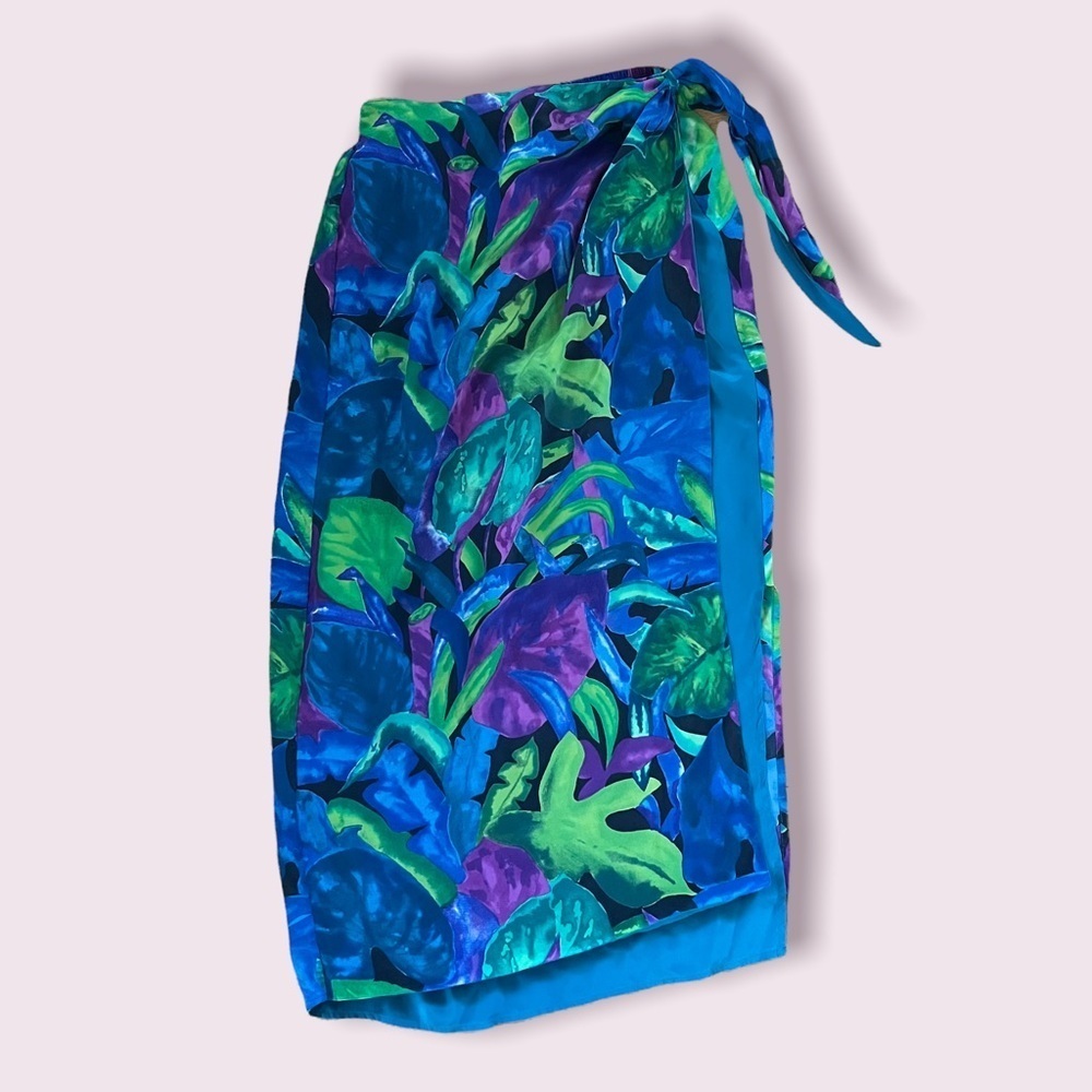 Vintage leaf print silk wrap midi skirt